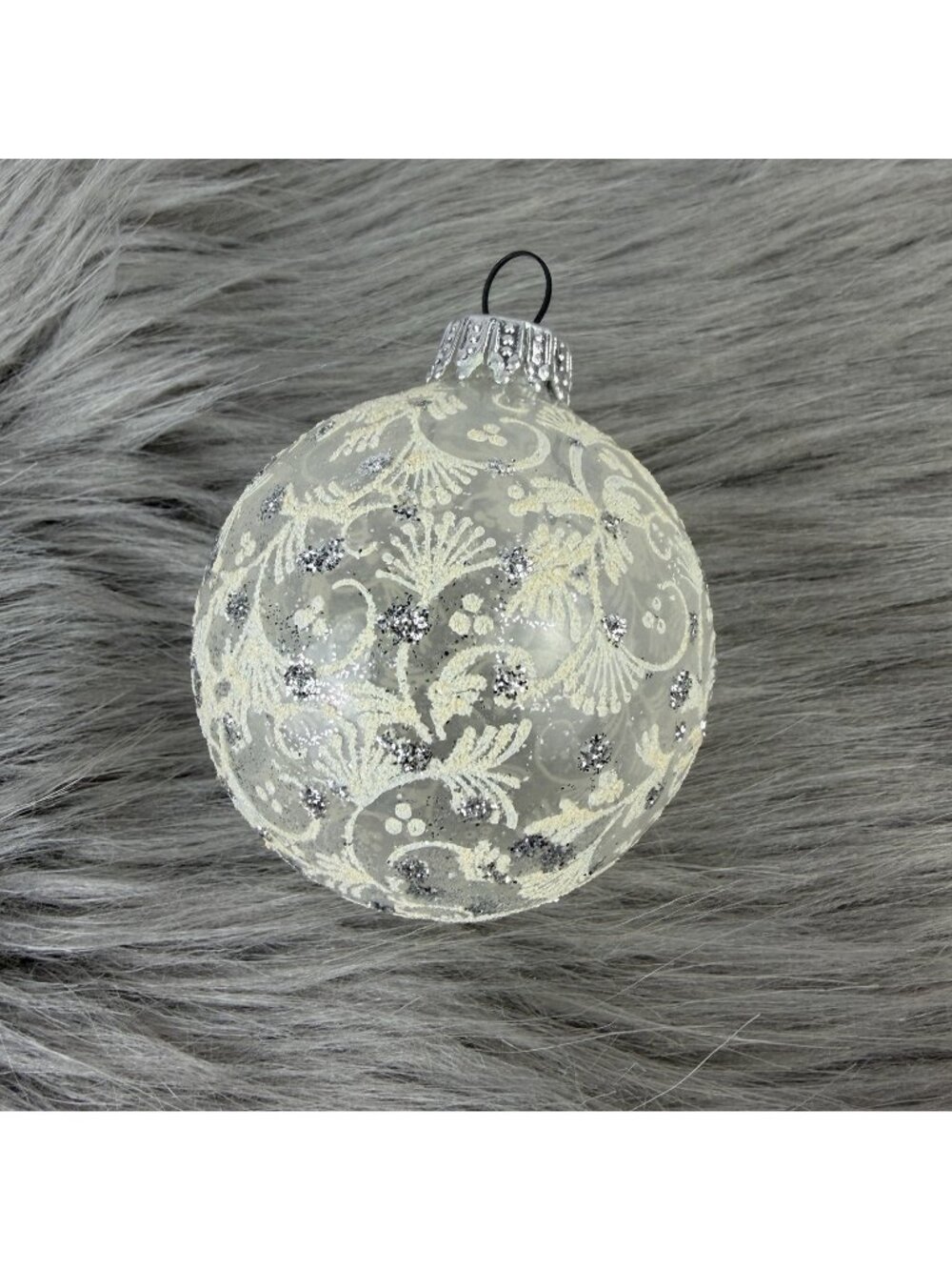 Krebs Glass Ball Christmas Ornaments Glitter Floral Lace Ivory Set of 4